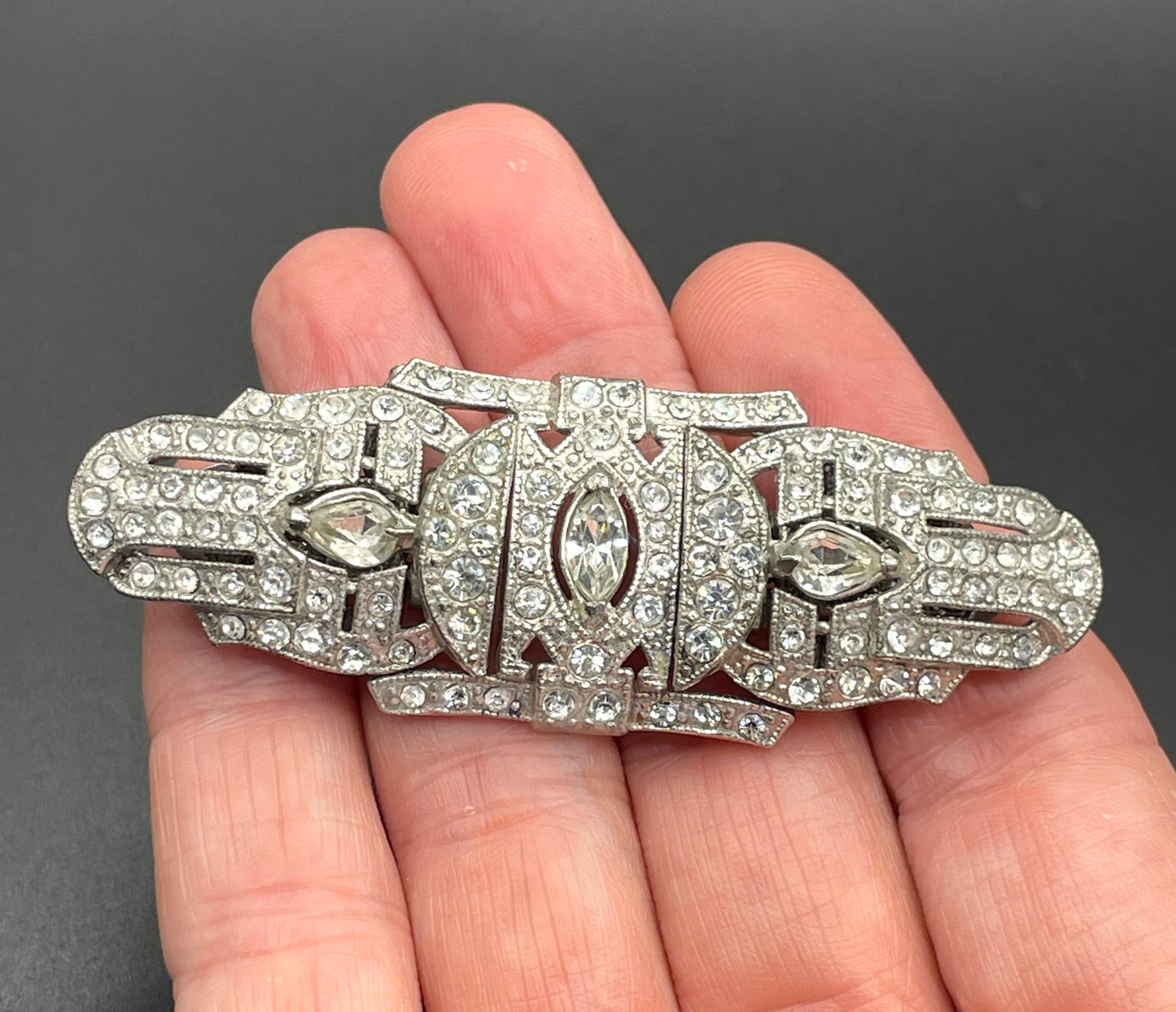Vintage Art Deco duette - a beautiful rhinestone & silver tone brooch which can be converted to two dress clips and a brooch - 3 pieces in 1