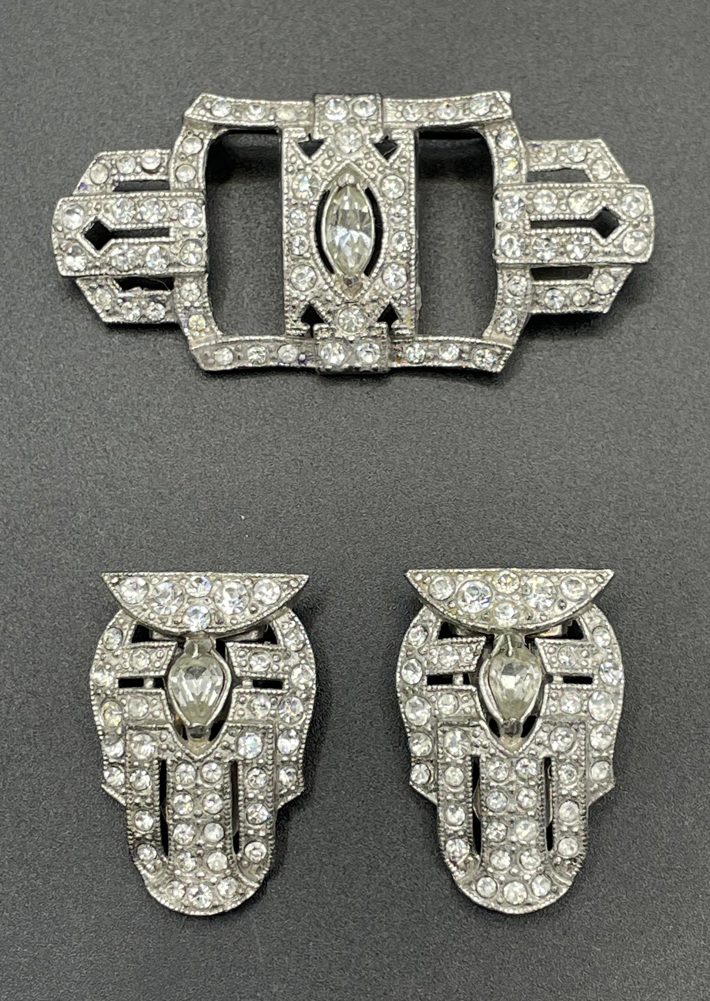 Vintage Art Deco duette - a beautiful rhinestone & silver tone brooch which can be converted to two dress clips and a brooch - 3 pieces in 1