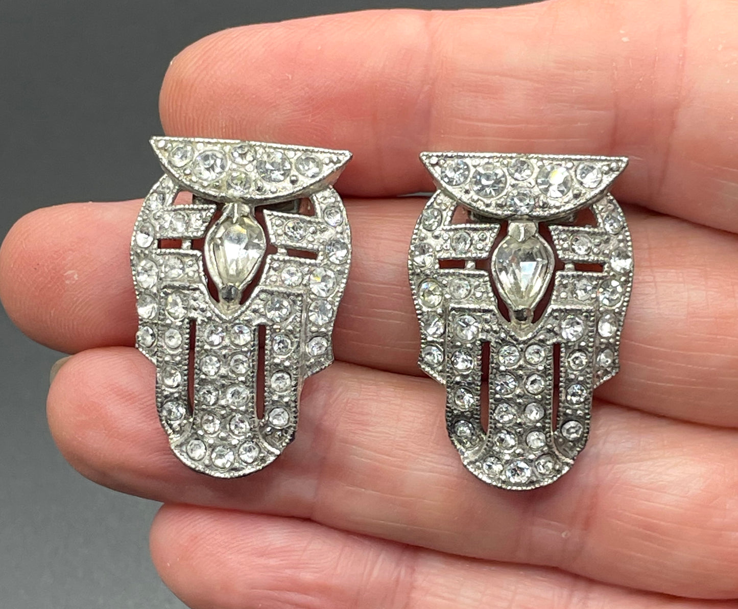 Vintage Art Deco duette - a beautiful rhinestone & silver tone brooch which can be converted to two dress clips and a brooch - 3 pieces in 1