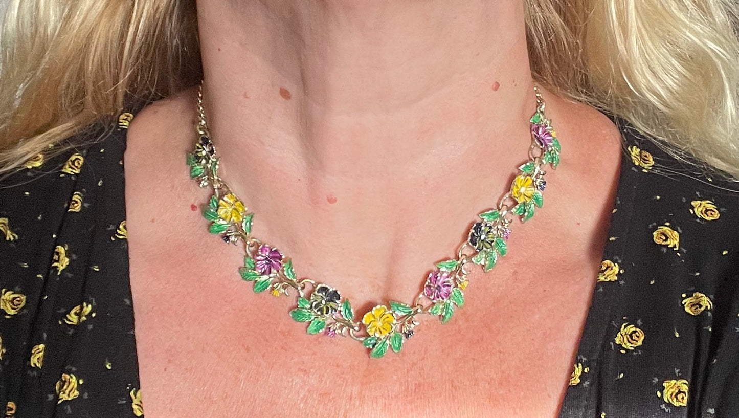 Vintage signed Exquisite pansy necklace, birthday flower series, pale gold tone, hand-painted enamel, month of May, good condition