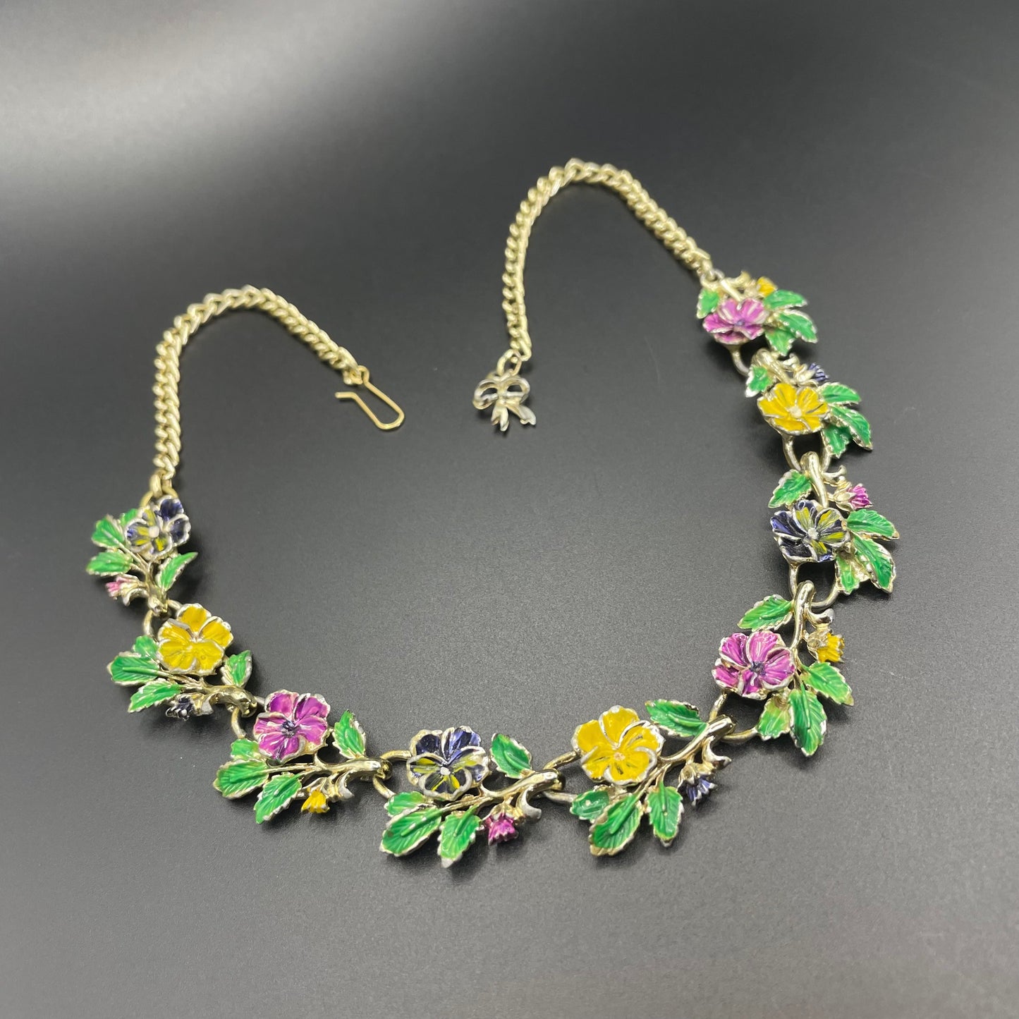 Vintage signed Exquisite pansy necklace, birthday flower series, pale gold tone, hand-painted enamel, month of May, good condition
