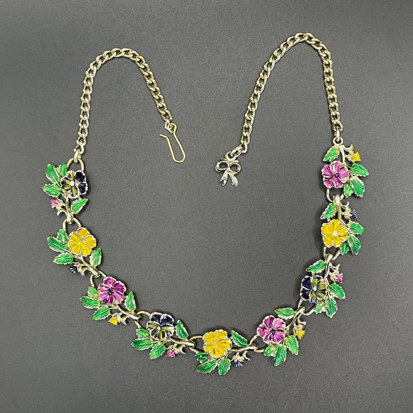 Vintage signed Exquisite pansy necklace, birthday flower series, pale gold tone, hand-painted enamel, month of May, good condition