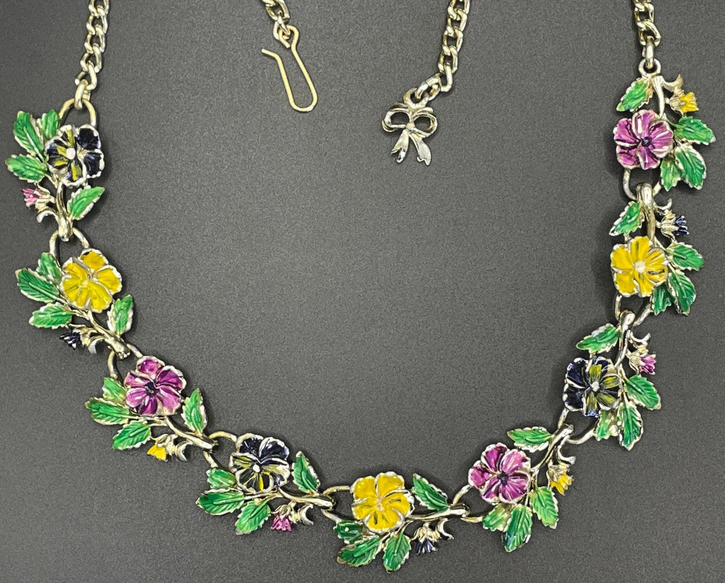 Vintage signed Exquisite pansy necklace, birthday flower series, pale gold tone, hand-painted enamel, month of May, good condition