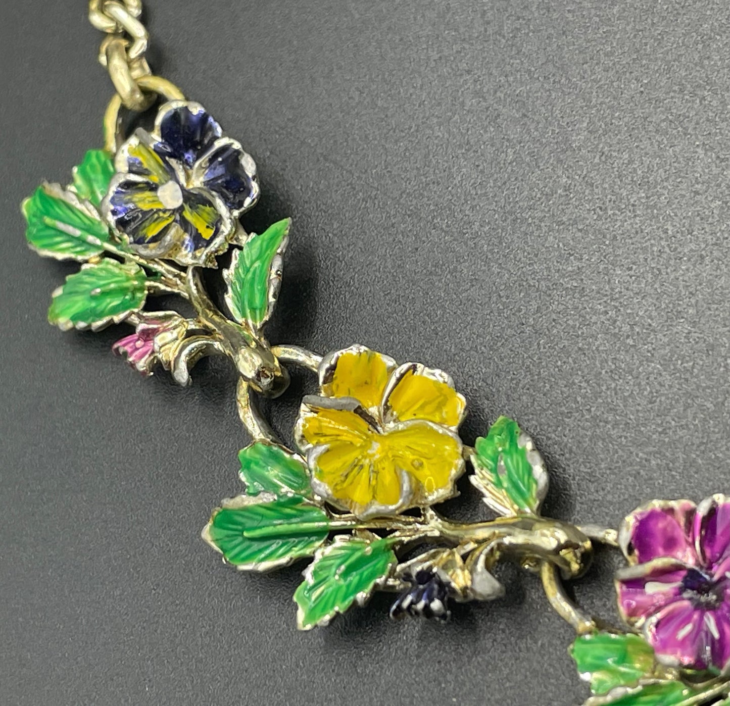 Vintage signed Exquisite pansy necklace, birthday flower series, pale gold tone, hand-painted enamel, month of May, good condition