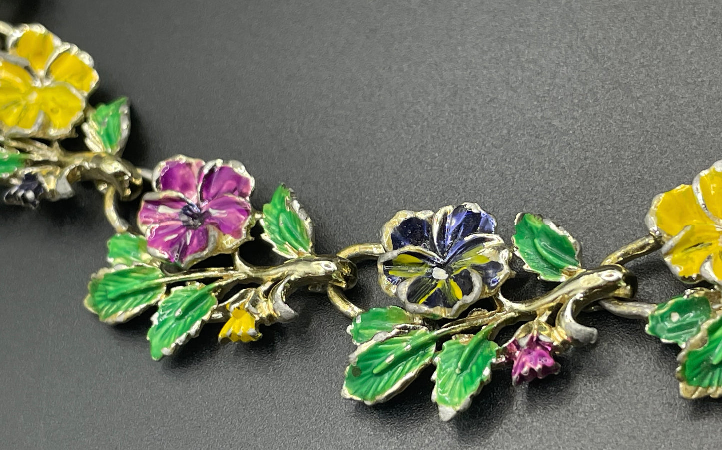 Vintage signed Exquisite pansy necklace, birthday flower series, pale gold tone, hand-painted enamel, month of May, good condition