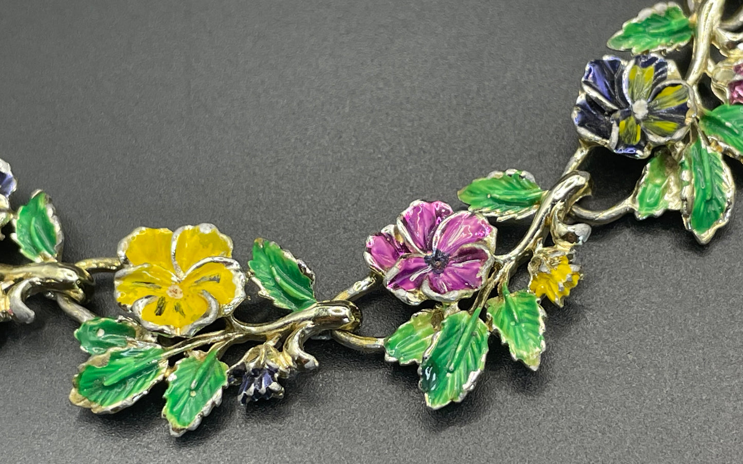 Vintage signed Exquisite pansy necklace, birthday flower series, pale gold tone, hand-painted enamel, month of May, good condition