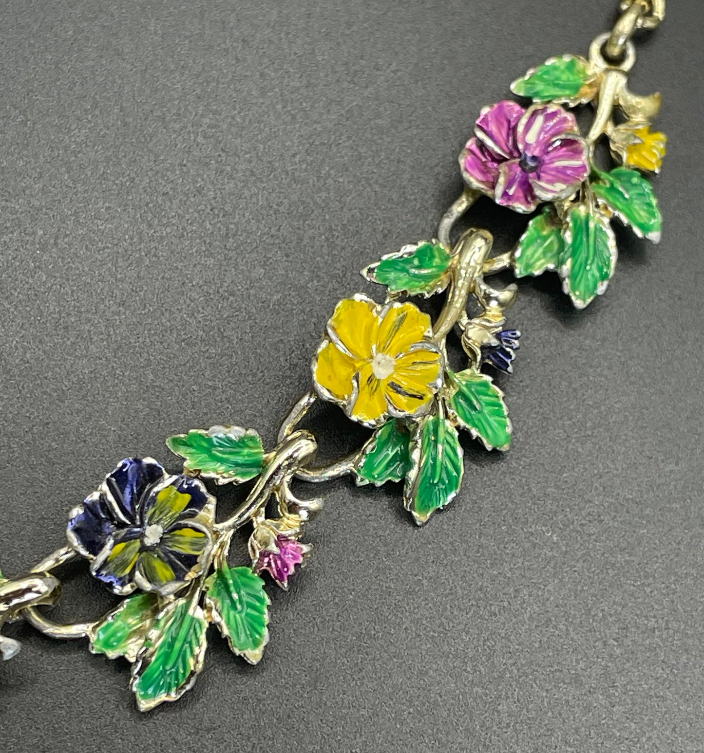 Vintage signed Exquisite pansy necklace, birthday flower series, pale gold tone, hand-painted enamel, month of May, good condition