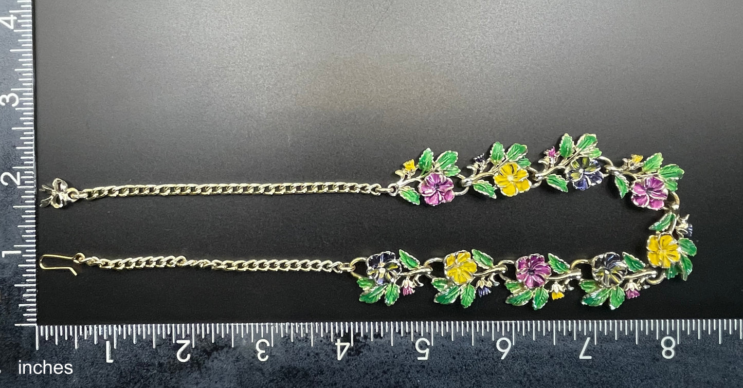Vintage signed Exquisite pansy necklace, birthday flower series, pale gold tone, hand-painted enamel, month of May, good condition