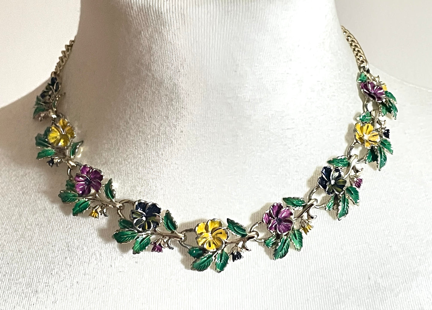 Vintage signed Exquisite pansy necklace, birthday flower series, pale gold tone, hand-painted enamel, month of May, good condition