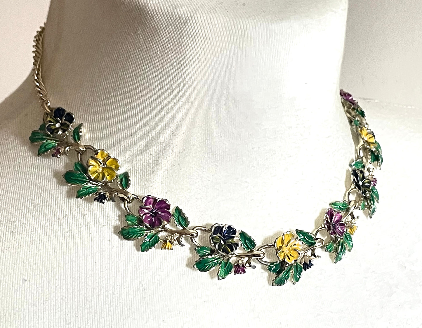 Vintage signed Exquisite pansy necklace, birthday flower series, pale gold tone, hand-painted enamel, month of May, good condition