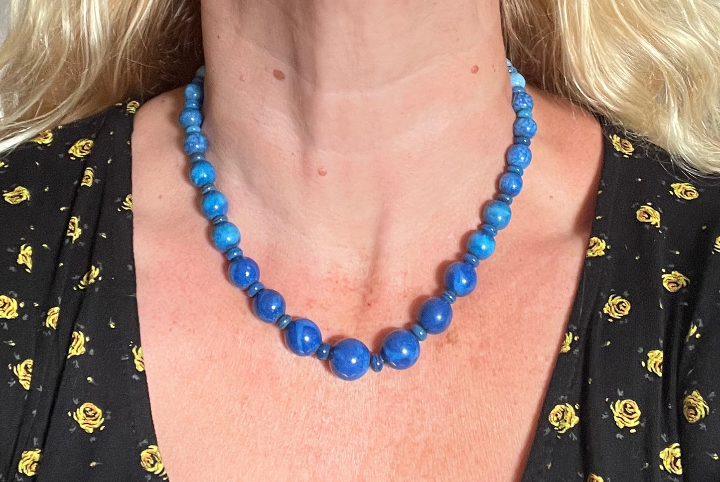 Vintage Louis Rousselet Art Deco blue glass bead necklace, silver tone Made in France beehive clasp, strung on brass foxtail chain