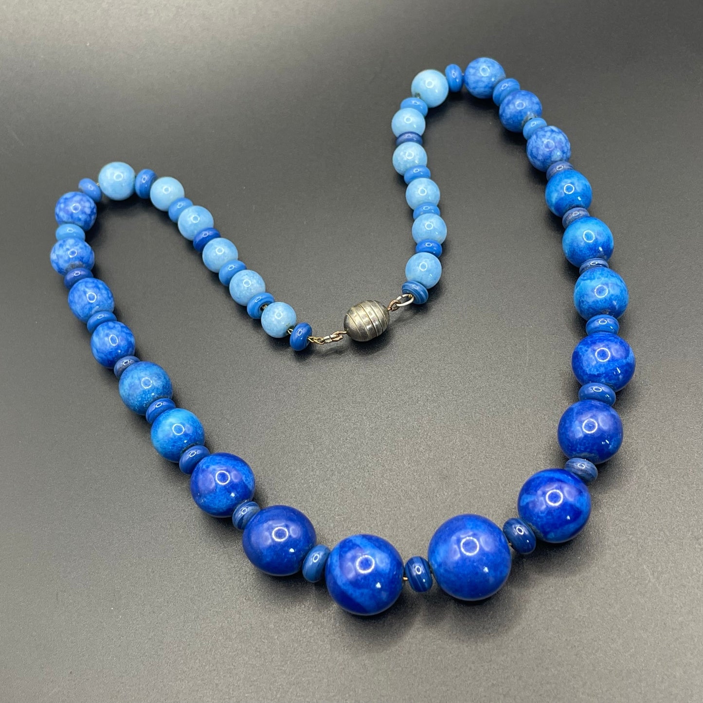 Vintage Louis Rousselet Art Deco blue glass bead necklace, silver tone Made in France beehive clasp, strung on brass foxtail chain