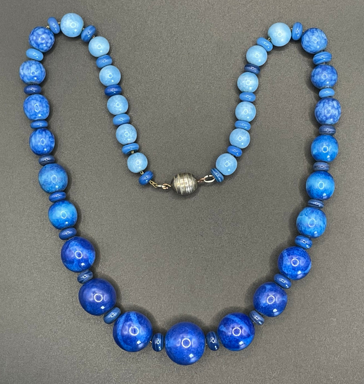 Vintage Louis Rousselet Art Deco blue glass bead necklace, silver tone Made in France beehive clasp, strung on brass foxtail chain