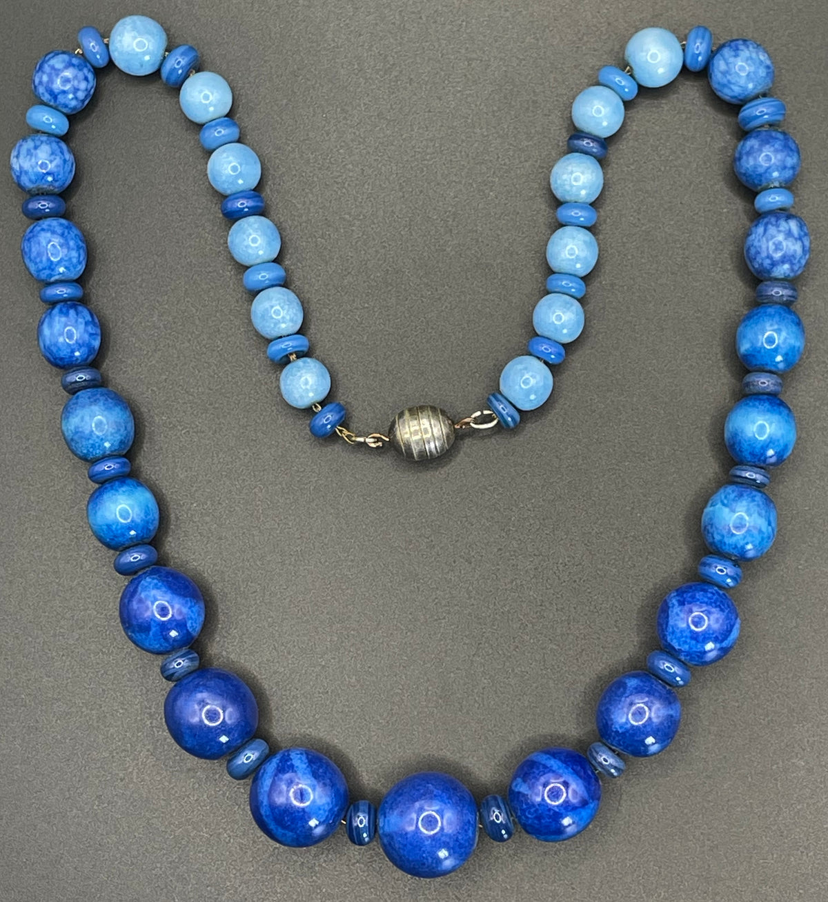 Vintage Louis Rousselet Art Deco blue glass bead necklace, silver tone Made in France beehive clasp, strung on brass foxtail chain