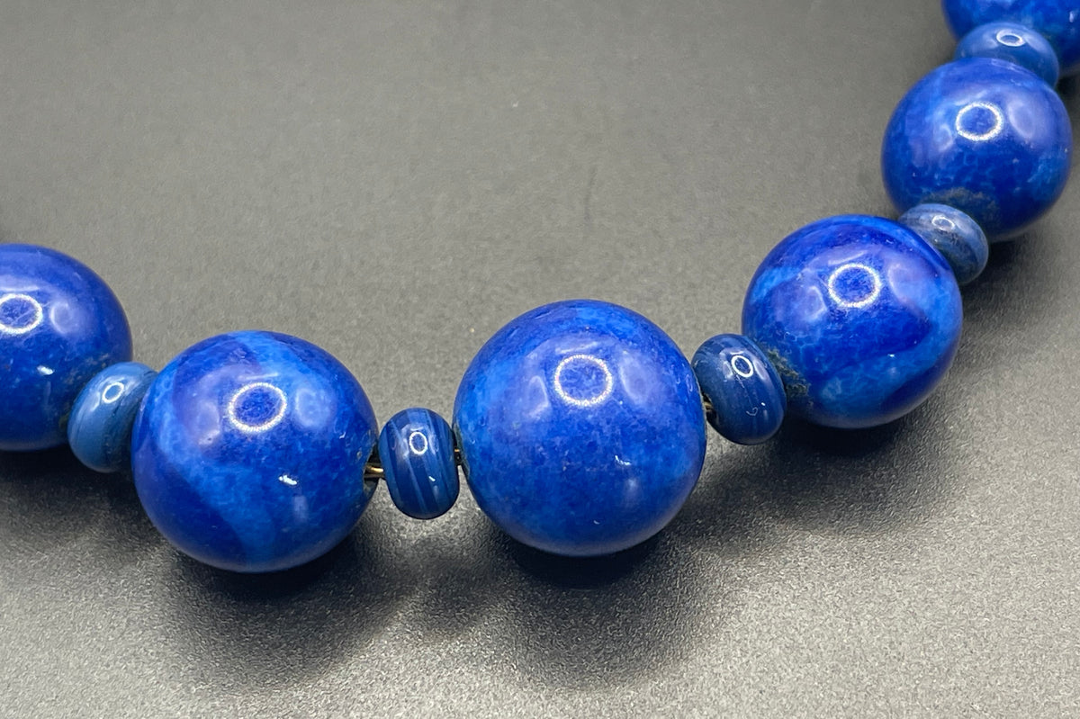 Vintage Louis Rousselet Art Deco blue glass bead necklace, silver tone Made in France beehive clasp, strung on brass foxtail chain