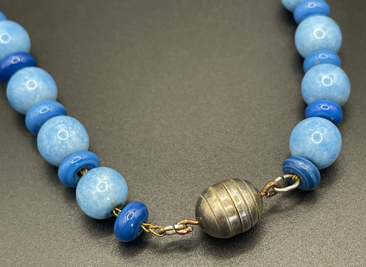 Vintage Louis Rousselet Art Deco blue glass bead necklace, silver tone Made in France beehive clasp, strung on brass foxtail chain