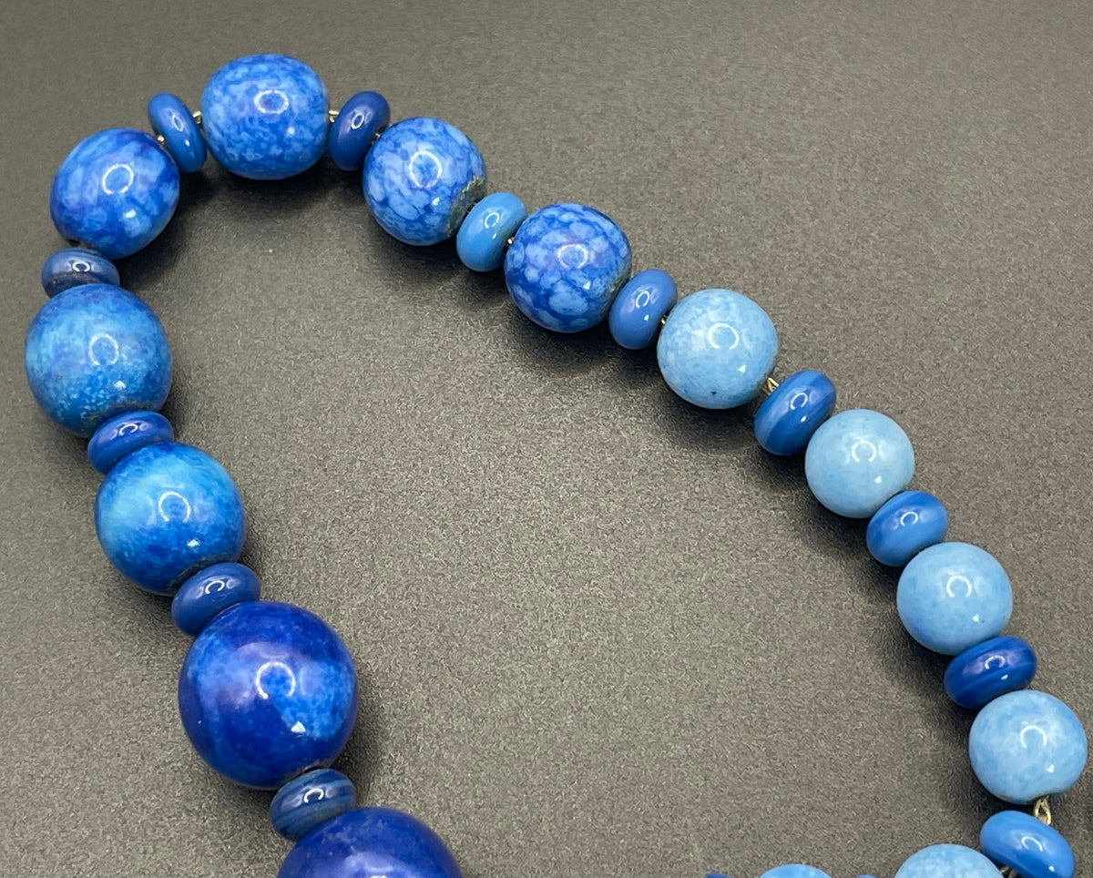 Vintage Louis Rousselet Art Deco blue glass bead necklace, silver tone Made in France beehive clasp, strung on brass foxtail chain