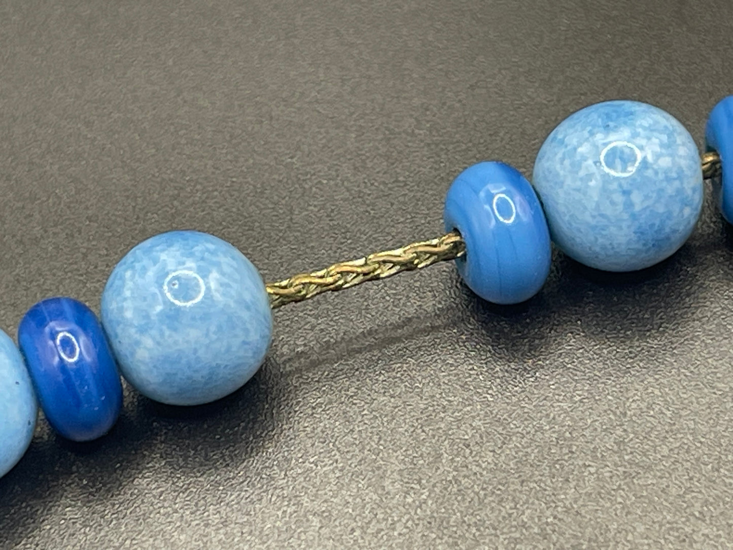 Vintage Louis Rousselet Art Deco blue glass bead necklace, silver tone Made in France beehive clasp, strung on brass foxtail chain