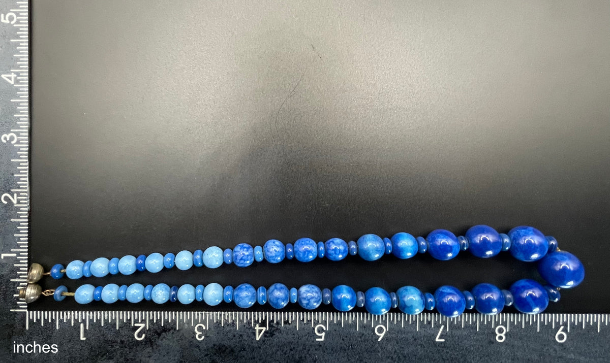 Vintage Louis Rousselet Art Deco blue glass bead necklace, silver tone Made in France beehive clasp, strung on brass foxtail chain