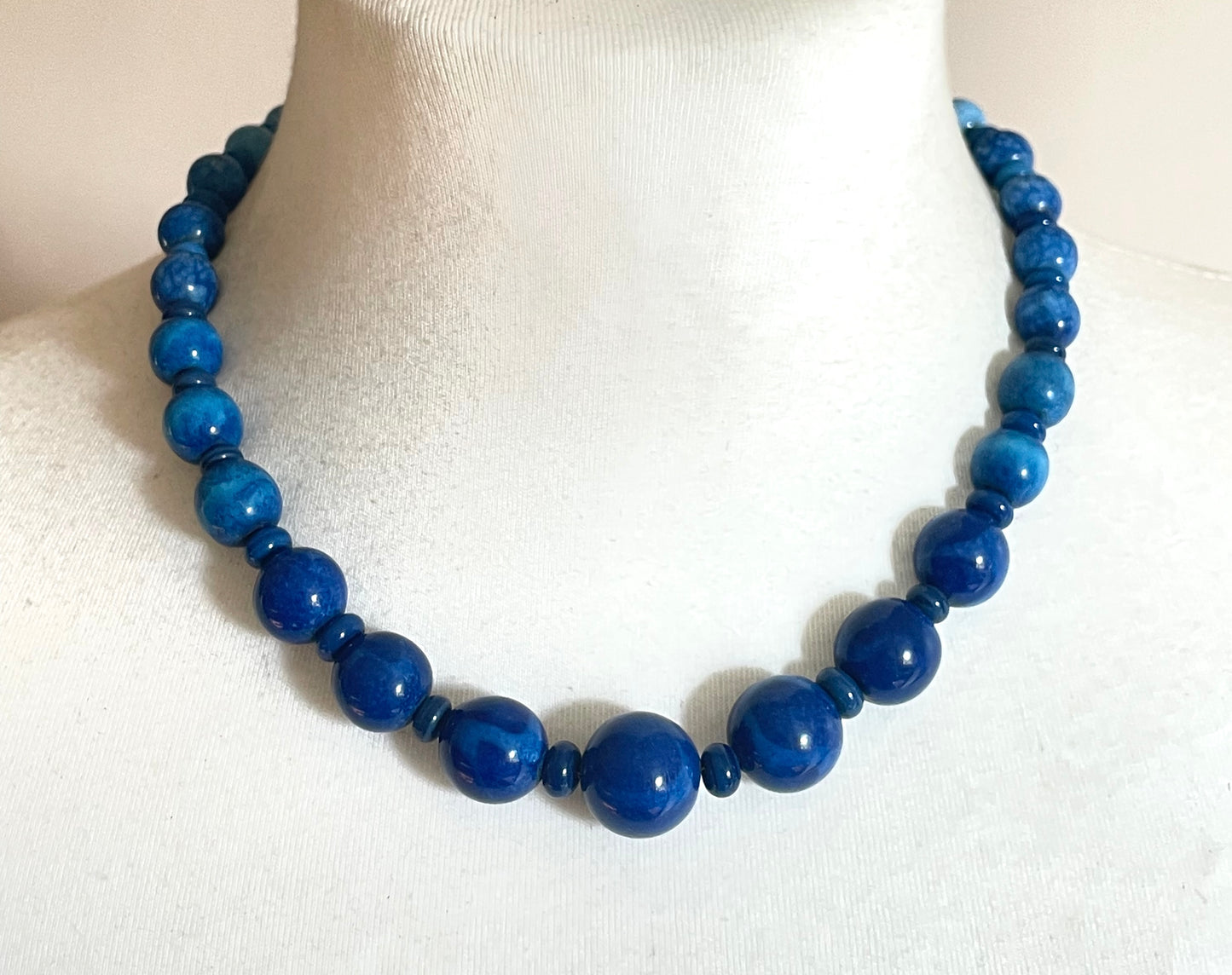 Vintage Louis Rousselet Art Deco blue glass bead necklace, silver tone Made in France beehive clasp, strung on brass foxtail chain