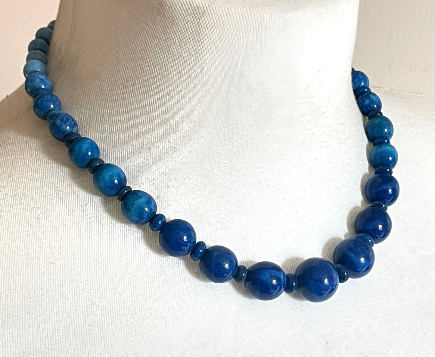 Vintage Louis Rousselet Art Deco blue glass bead necklace, silver tone Made in France beehive clasp, strung on brass foxtail chain