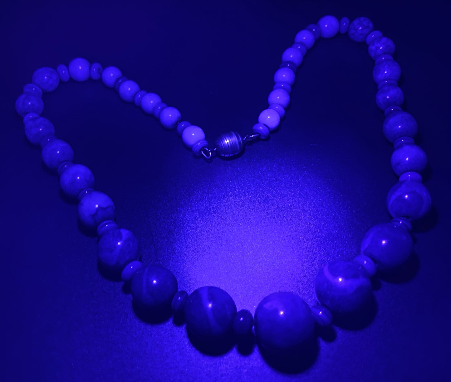 Vintage Louis Rousselet Art Deco blue glass bead necklace, silver tone Made in France beehive clasp, strung on brass foxtail chain