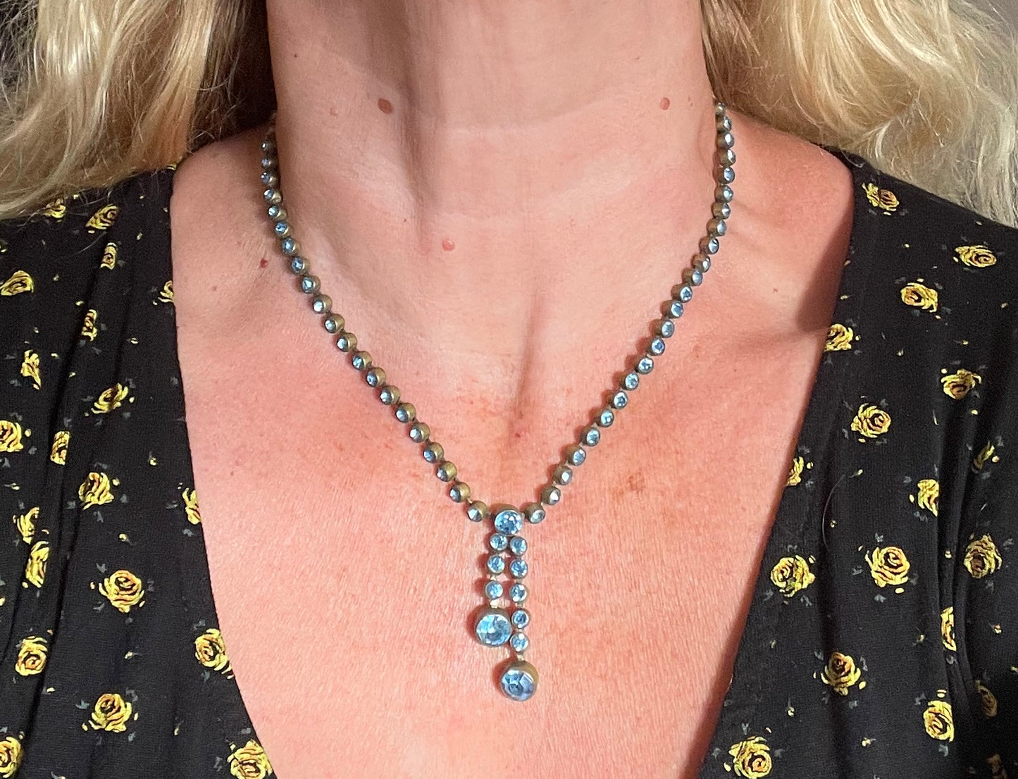 Vintage Art Deco sapphire blue paste riviere necklace with collet set rhinestones set in antique gold tone & asymmetric negligee strands