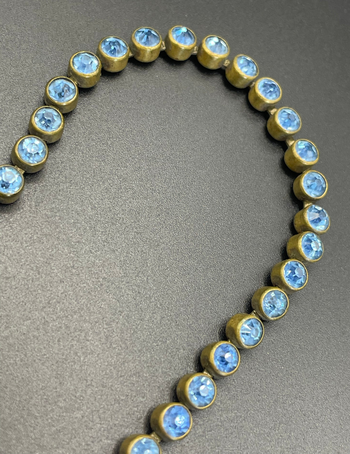 Vintage Art Deco sapphire blue paste riviere necklace with collet set rhinestones set in antique gold tone & asymmetric negligee strands