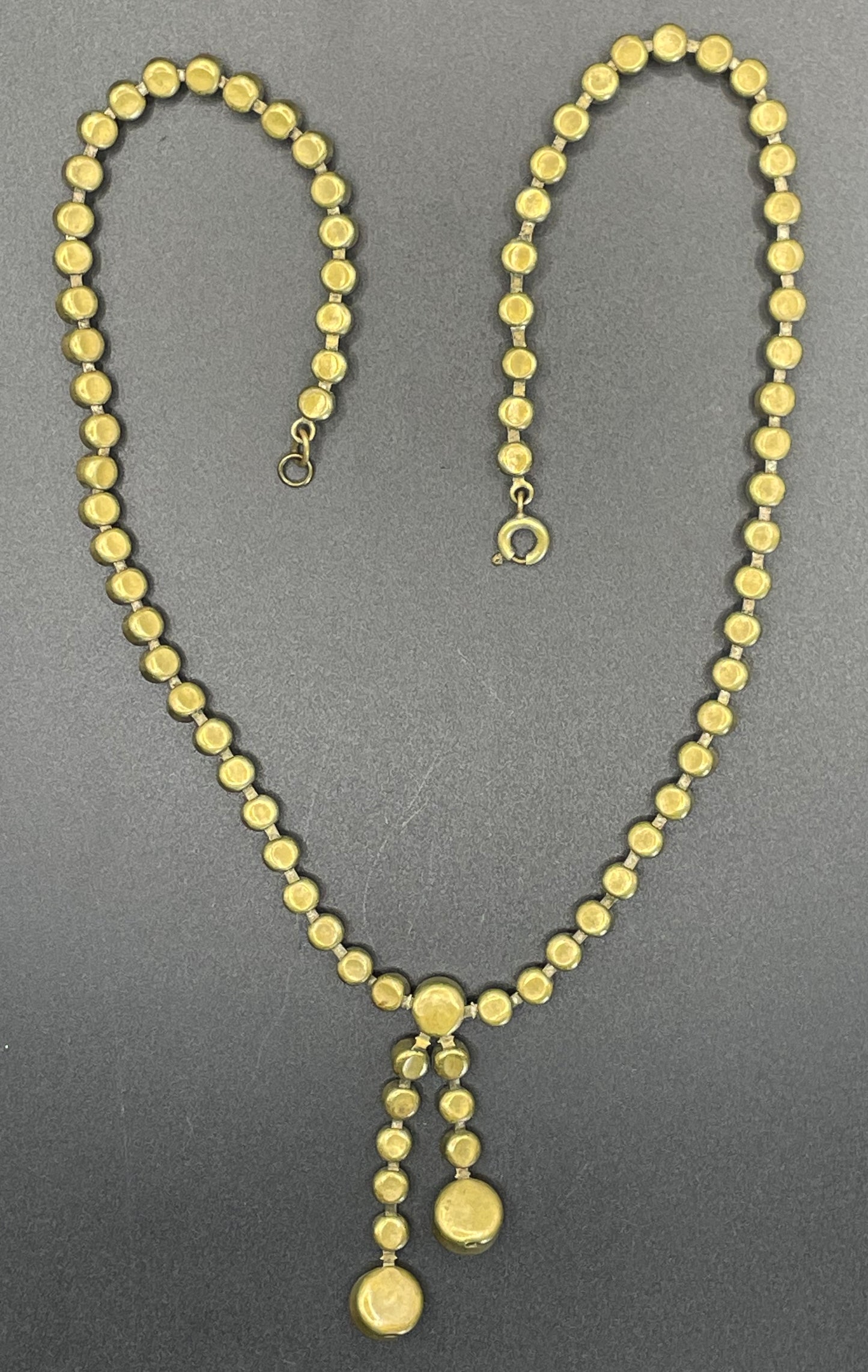 Vintage Art Deco sapphire blue paste riviere necklace with collet set rhinestones set in antique gold tone & asymmetric negligee strands