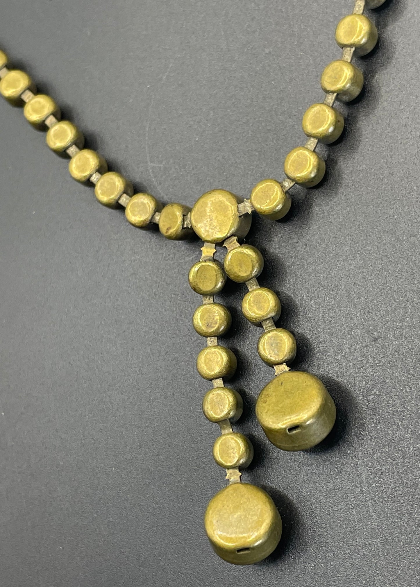 Vintage Art Deco sapphire blue paste riviere necklace with collet set rhinestones set in antique gold tone & asymmetric negligee strands