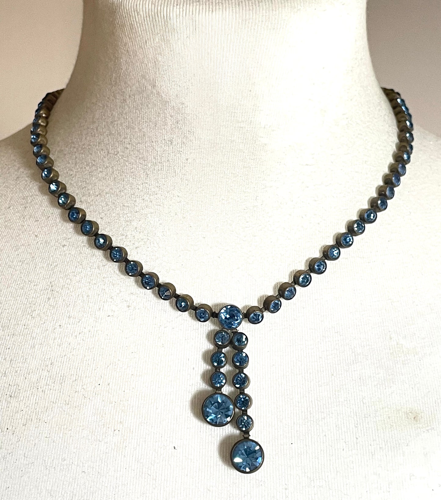 Vintage Art Deco sapphire blue paste riviere necklace with collet set rhinestones set in antique gold tone & asymmetric negligee strands