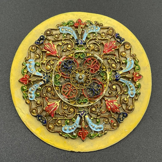 Unusual vintage ornate Art Deco Czech brooch in gold tone with enamel painted filigree work, large in size