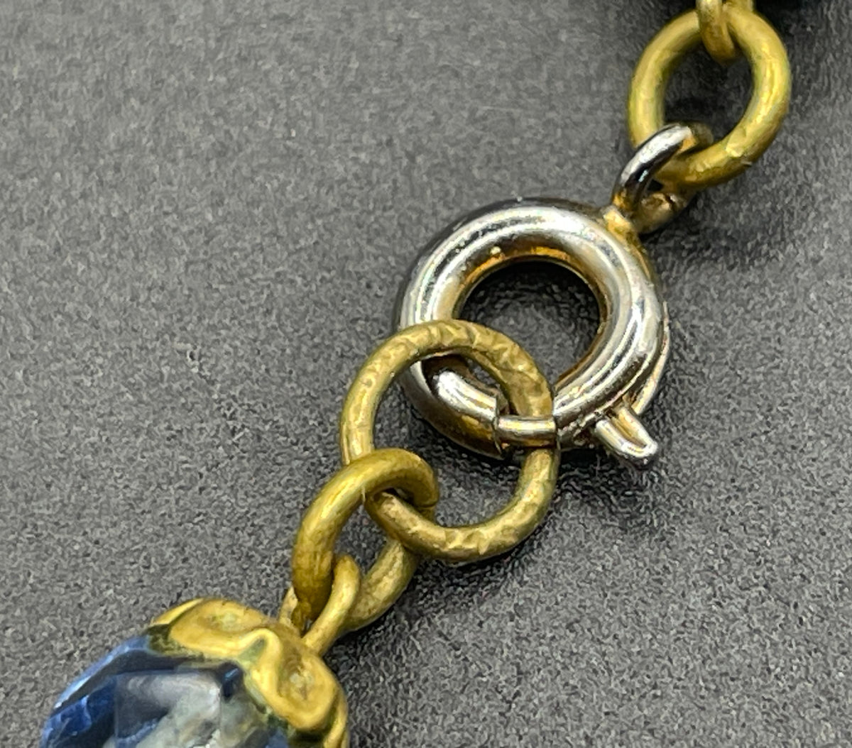 Vintage Art Deco faceted sapphire blue glass bead and rhinestone Czech necklace with beautiful gold tone and enamel painted floral features
