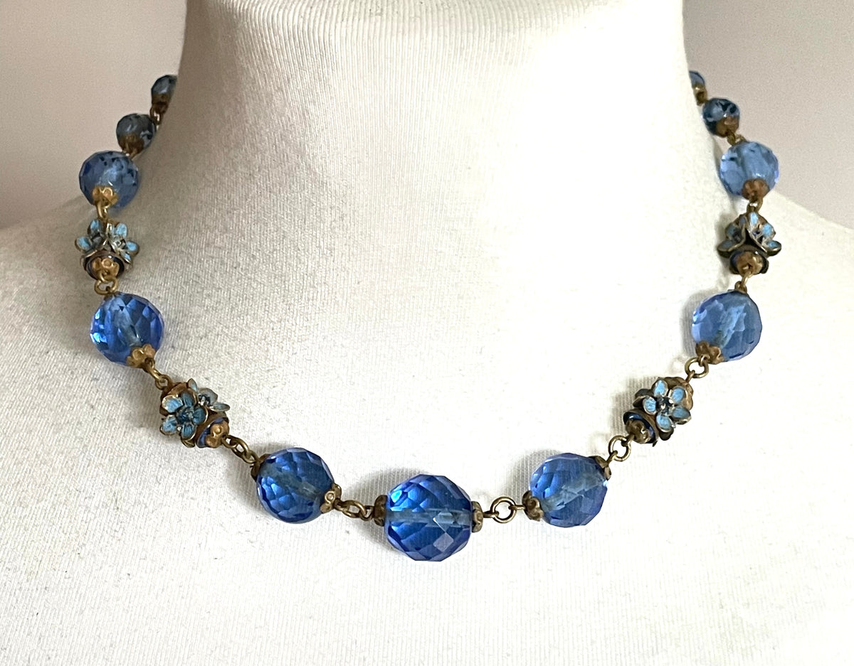 Vintage Art Deco faceted sapphire blue glass bead and rhinestone Czech necklace with beautiful gold tone and enamel painted floral features