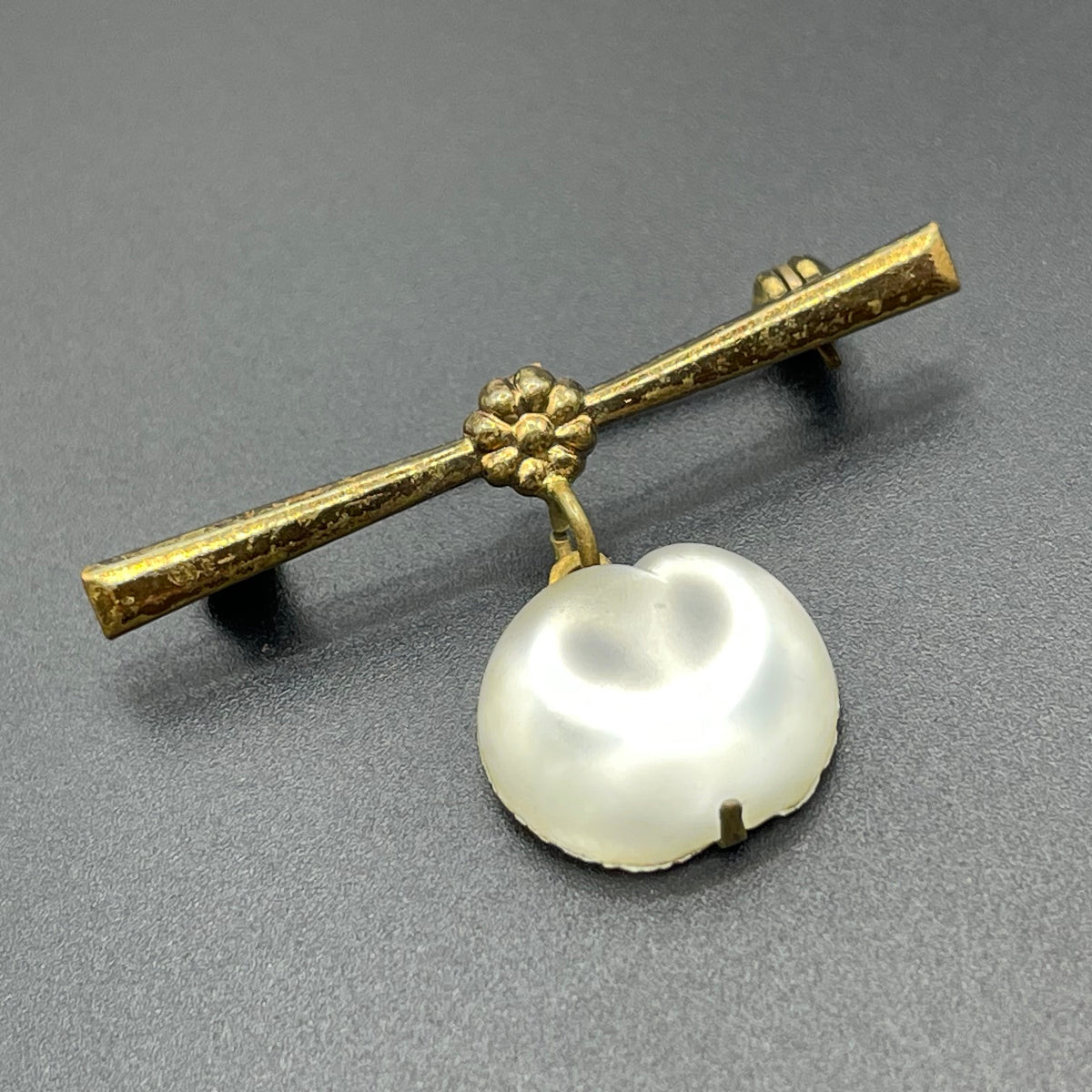 Vintage crystal opalescent, cloudy white moulded glass fruit dangle brooch with antique gold tone settings