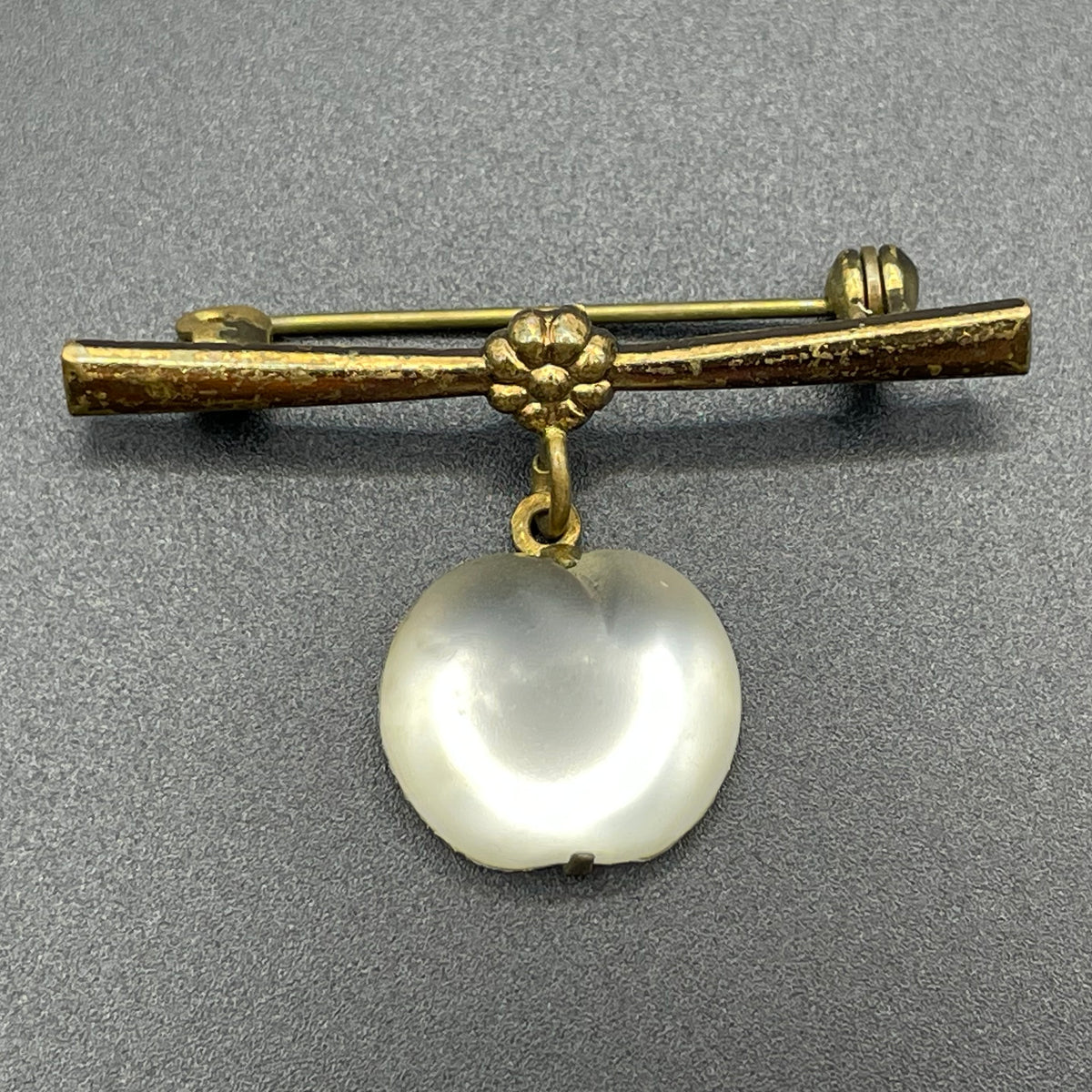 Vintage crystal opalescent, cloudy white moulded glass fruit dangle brooch with antique gold tone settings