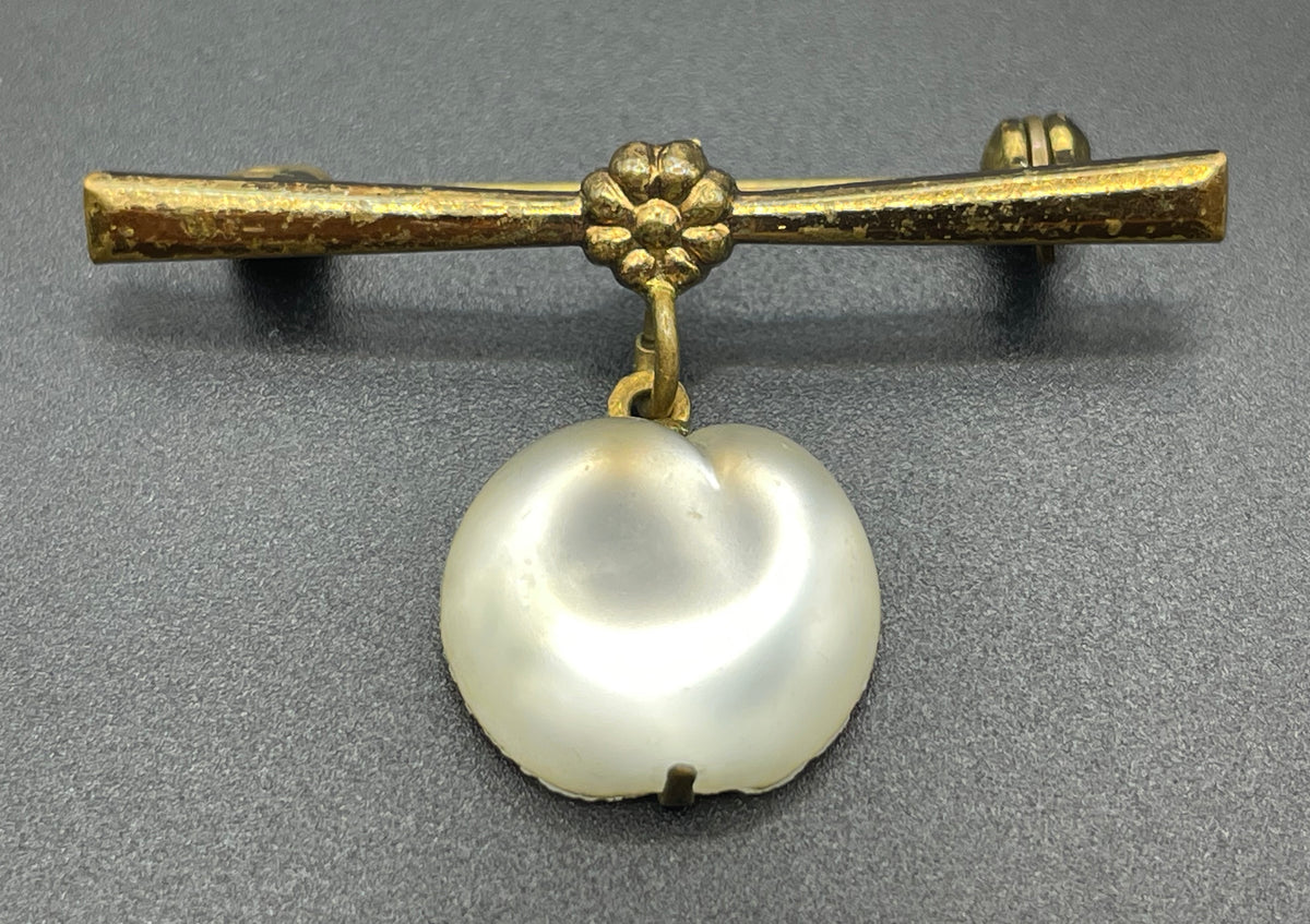 Vintage crystal opalescent, cloudy white moulded glass fruit dangle brooch with antique gold tone settings