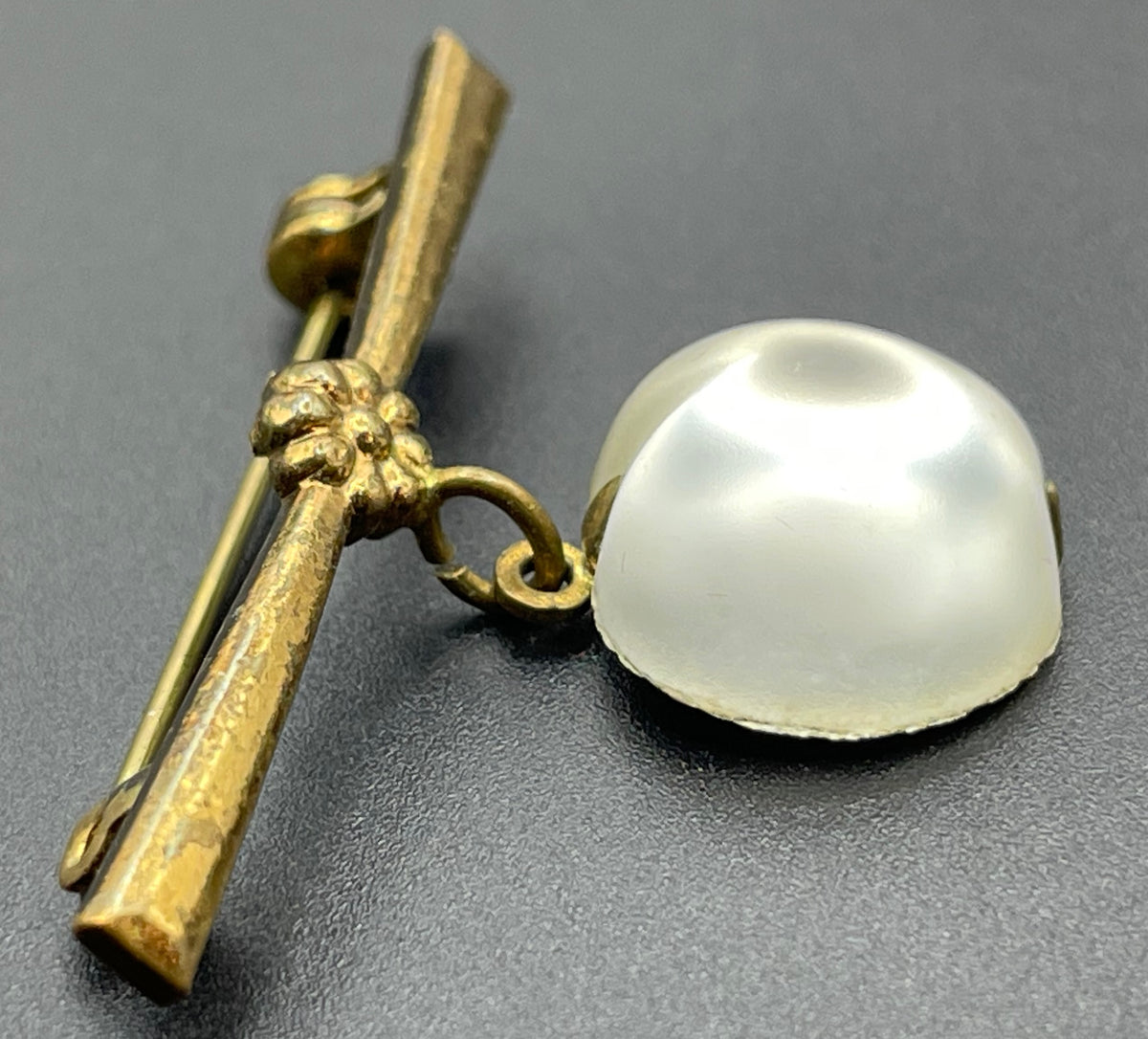 Vintage crystal opalescent, cloudy white moulded glass fruit dangle brooch with antique gold tone settings