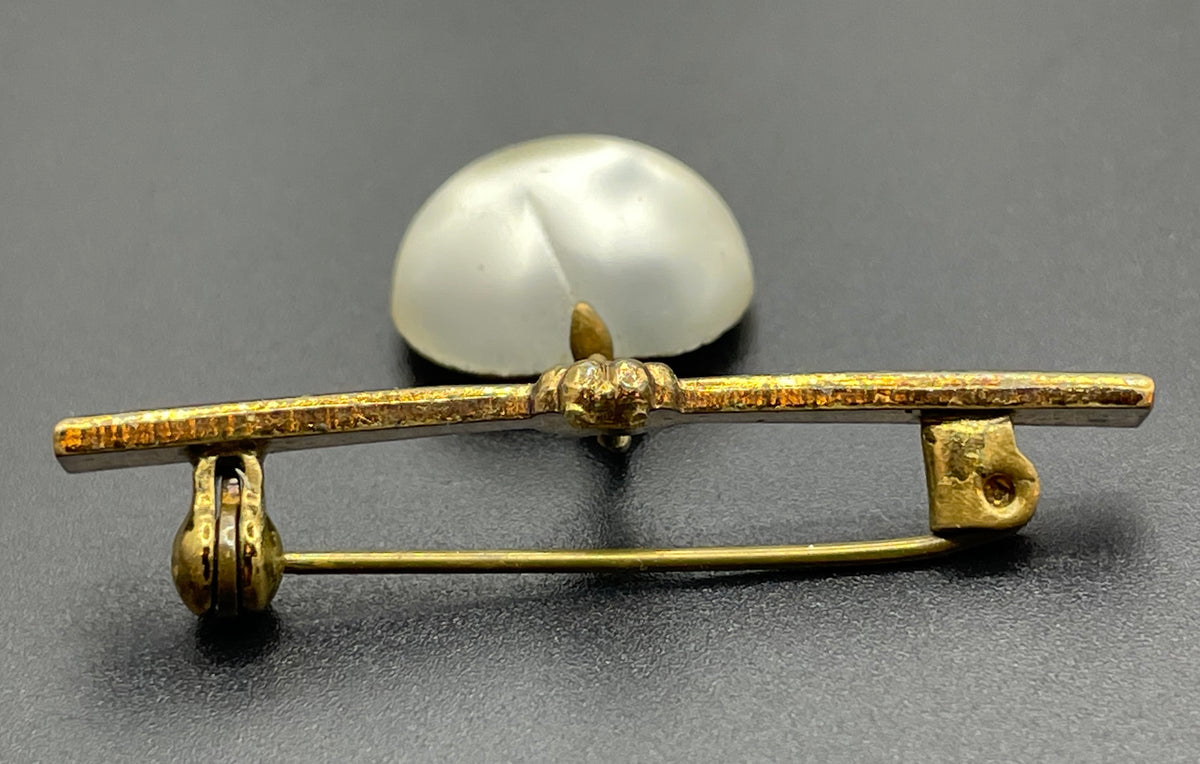 Vintage crystal opalescent, cloudy white moulded glass fruit dangle brooch with antique gold tone settings
