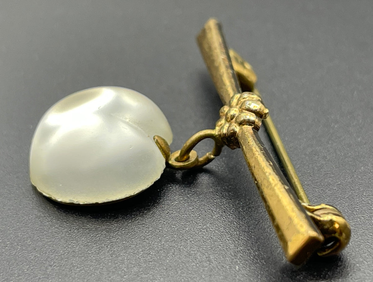 Vintage crystal opalescent, cloudy white moulded glass fruit dangle brooch with antique gold tone settings