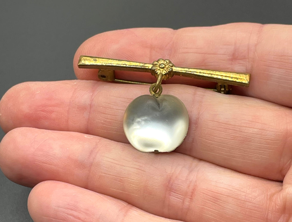 Vintage crystal opalescent, cloudy white moulded glass fruit dangle brooch with antique gold tone settings