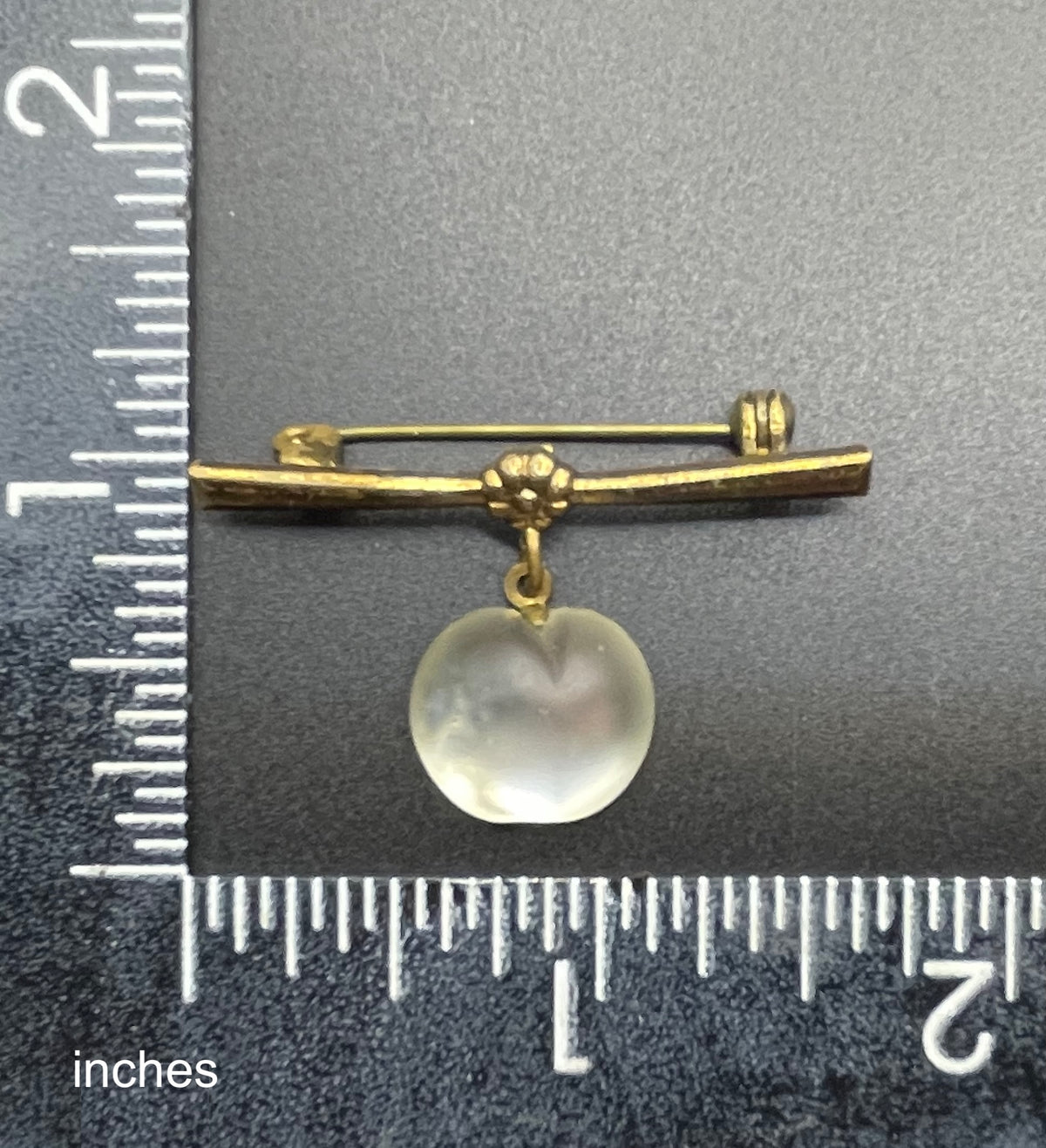 Vintage crystal opalescent, cloudy white moulded glass fruit dangle brooch with antique gold tone settings