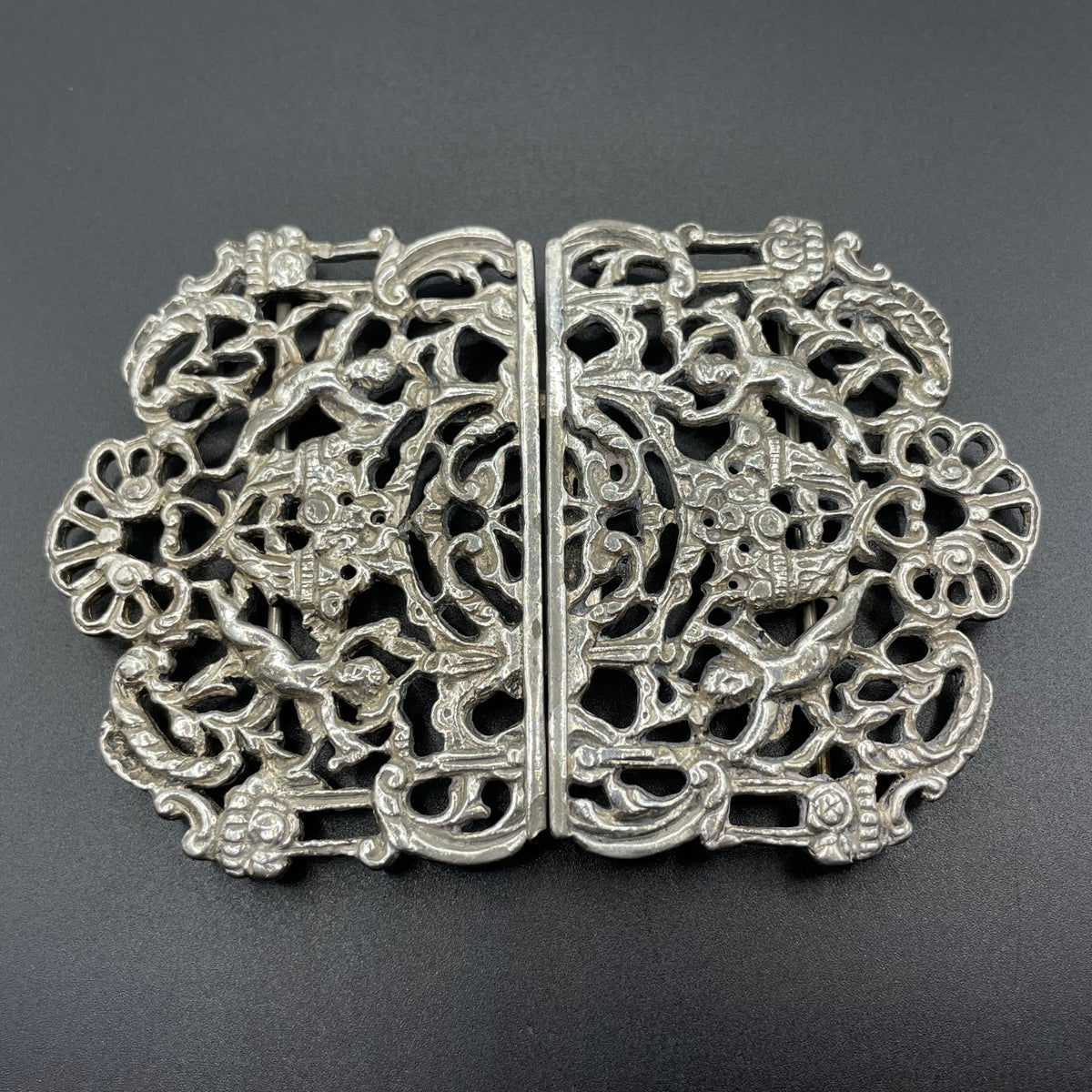Vintage / antique very large silver plated cherub putti design belt buckle