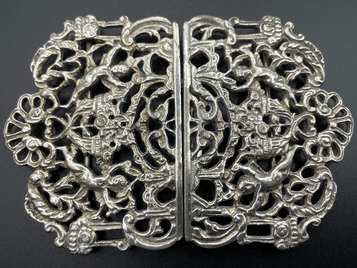 Vintage / antique very large silver plated cherub putti design belt buckle
