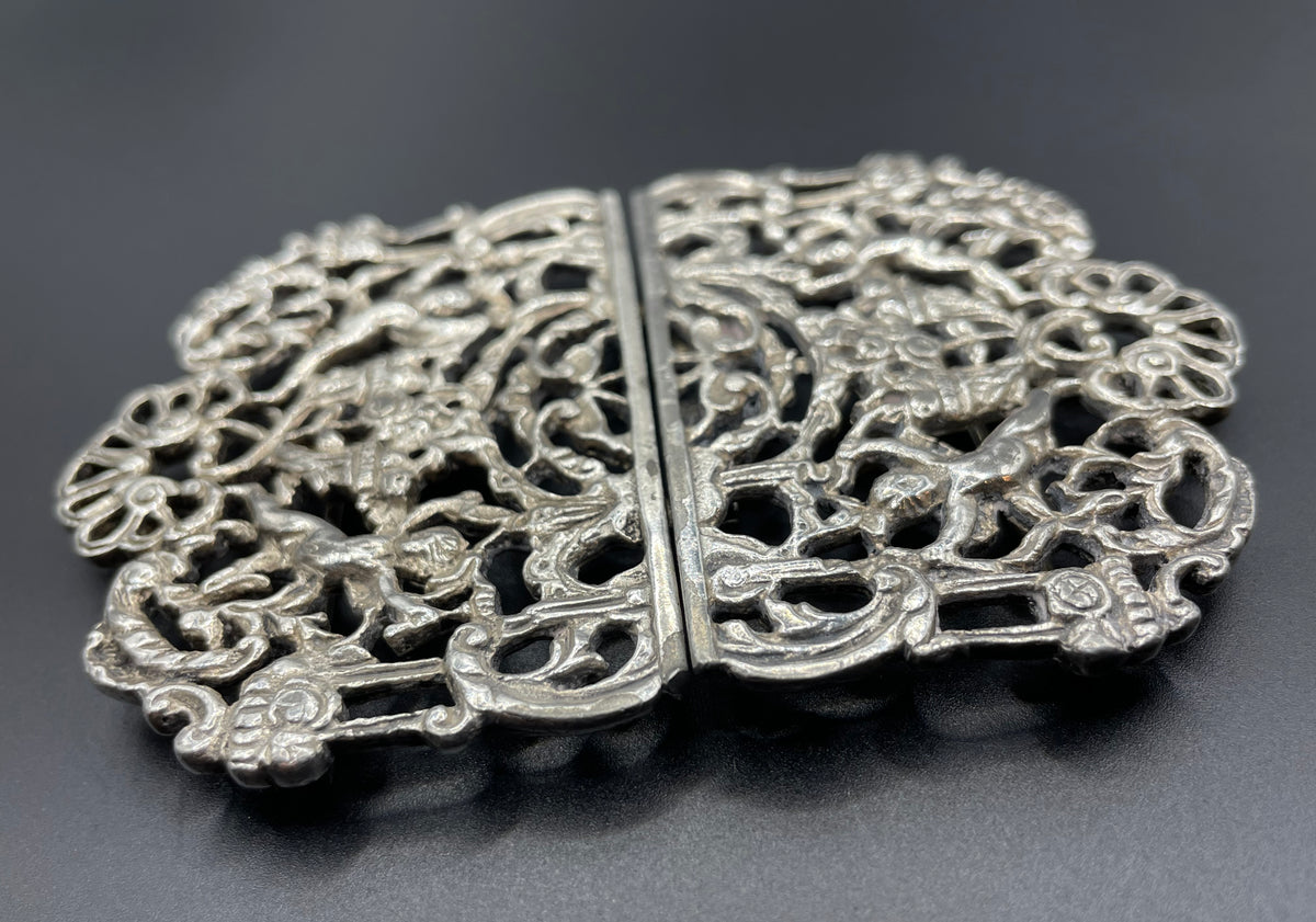 Vintage / antique very large silver plated cherub putti design belt buckle
