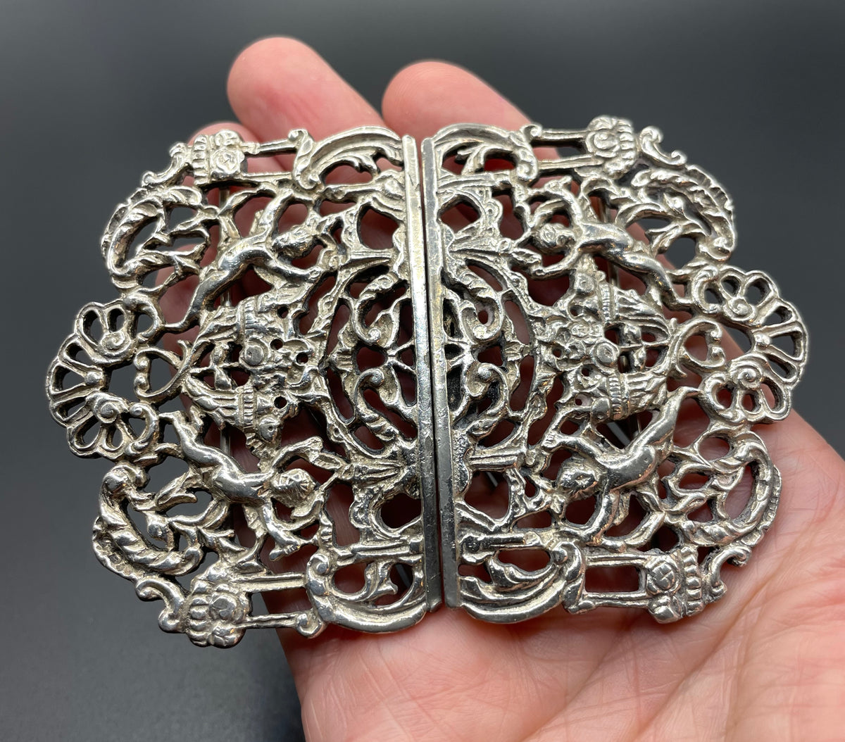 Vintage / antique very large silver plated cherub putti design belt buckle