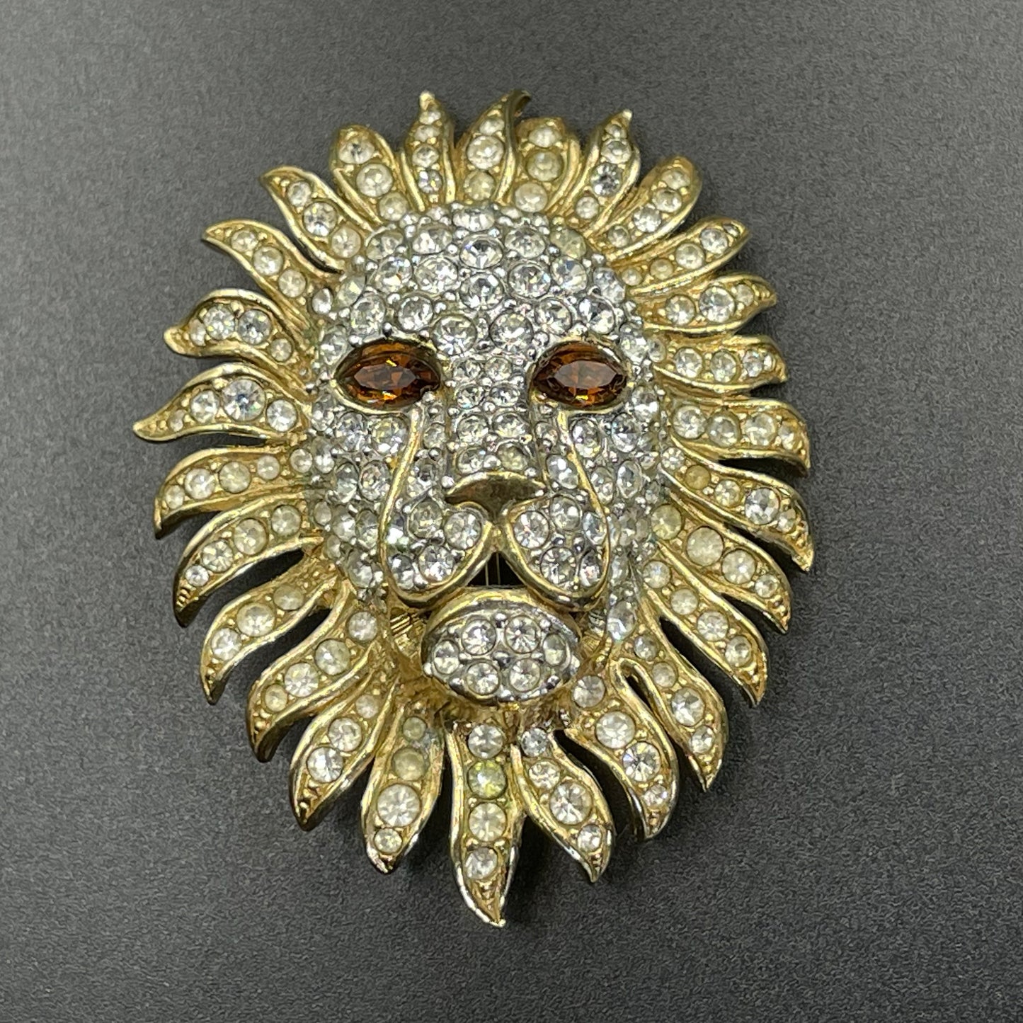 Vintage Attwood and Sawyer (A&S) large clear rhinestone lion brooch - signed, 22ct gold plated, citrine / topaz orange rhinestone eyes