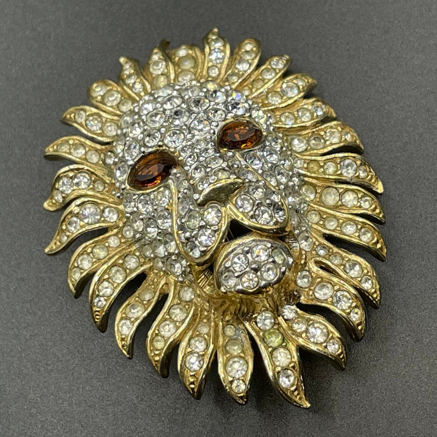 Vintage Attwood and Sawyer (A&S) large clear rhinestone lion brooch - signed, 22ct gold plated, citrine / topaz orange rhinestone eyes