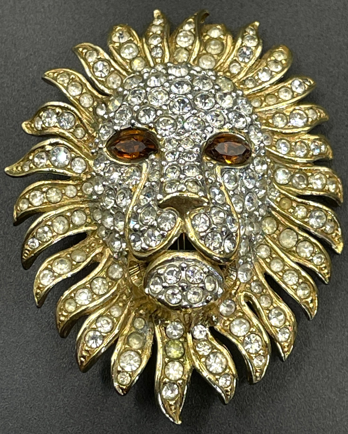 Vintage Attwood and Sawyer (A&S) large clear rhinestone lion brooch - signed, 22ct gold plated, citrine / topaz orange rhinestone eyes
