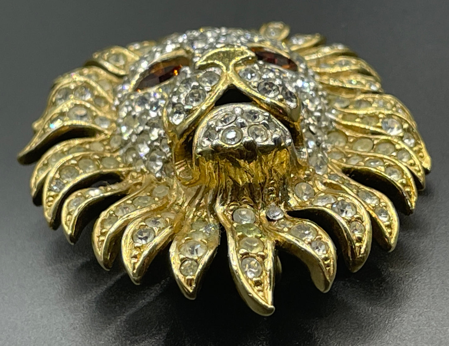Vintage Attwood and Sawyer (A&S) large clear rhinestone lion brooch - signed, 22ct gold plated, citrine / topaz orange rhinestone eyes